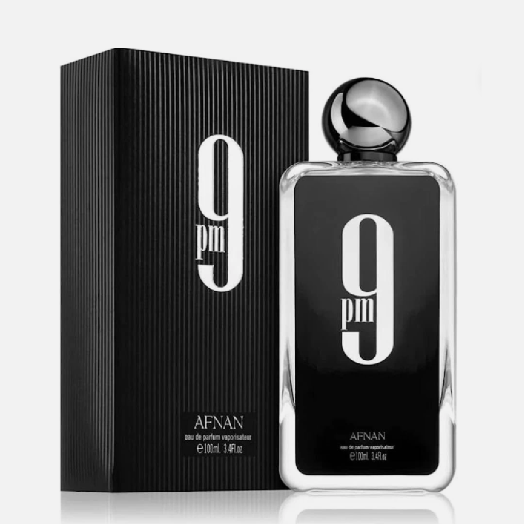 Afnan 9PM for men perfume bottle and box, inspired by Jean Paul Gaultier Ultra Male, available at Diziac Fragrance Studio,  Jane Finch Mall, North York.