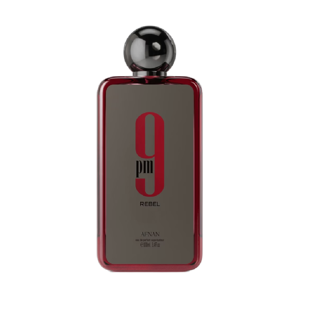 Afnan 9PM Rebel red perfume bottle, inspired by Creed Aventus and Bacarrat Rouge 540, available at Diziac Fragrance Studio,  Jane Finch Mall, North York.