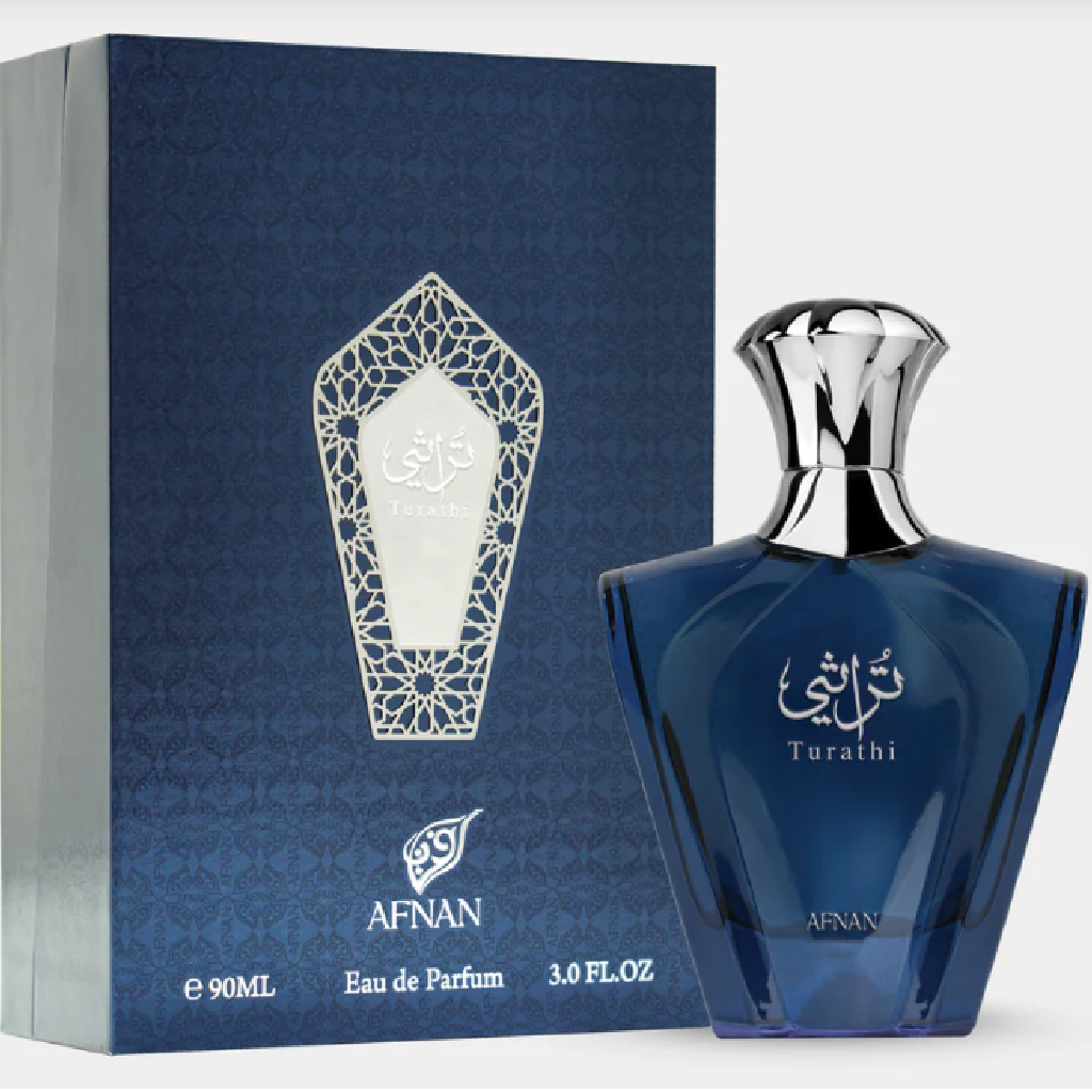 Afnan Turathi Blue for men perfume bottle and box, inspired by Bvlgari Tygar, available at Diziac Fragrance Studio,  Jane Finch Mall, North York.