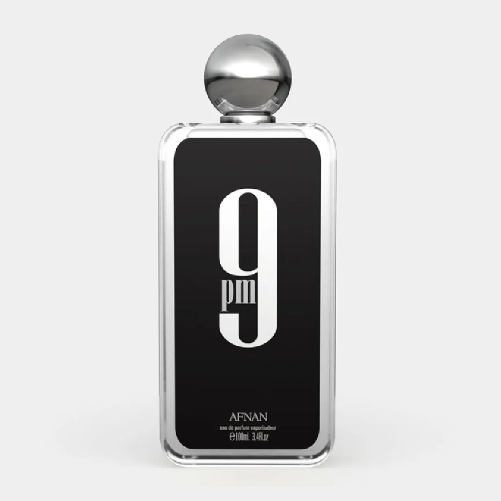 Afnan 9PM perfume bottle on a white background