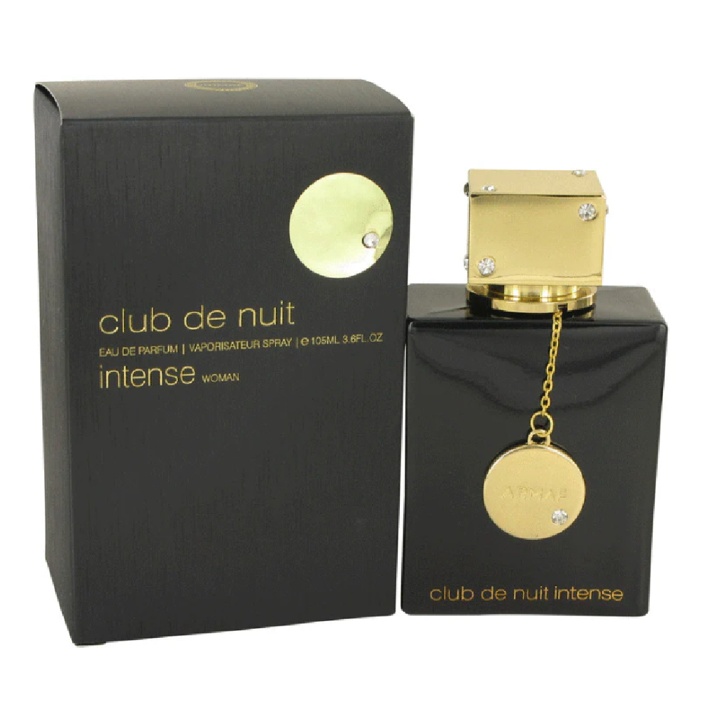 Armaf Club de Nuit Intense Woman eau de parfum black and gold bottle and packaging on a white background