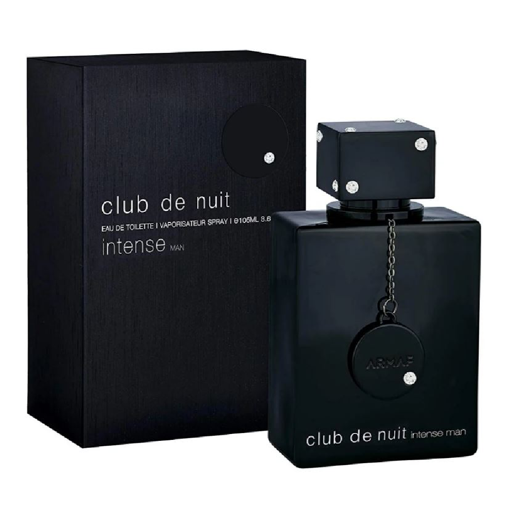 Black Armaf Club de Nuit intense men's perfume bottle and packaging on a white background