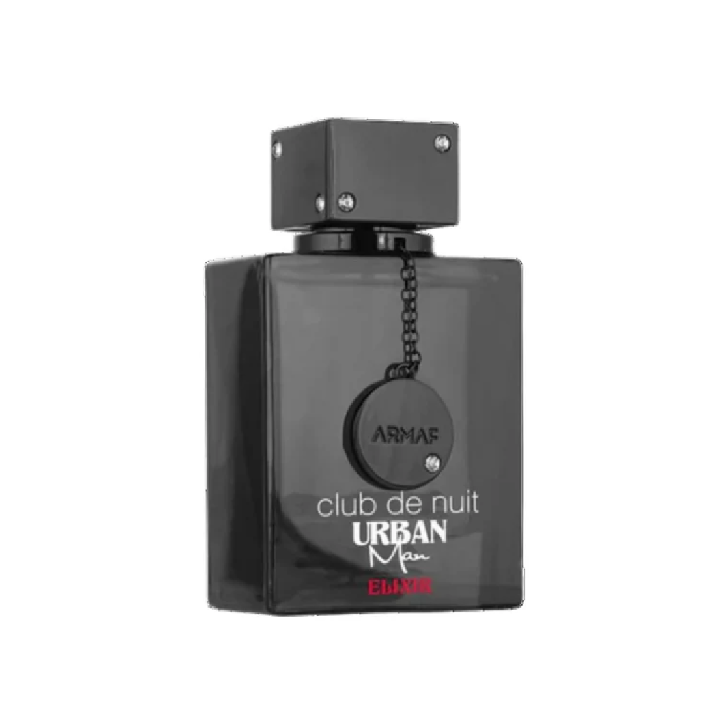 Black perfume bottle labeled 'Club de Nuit Urban Man' by Armas on a white background