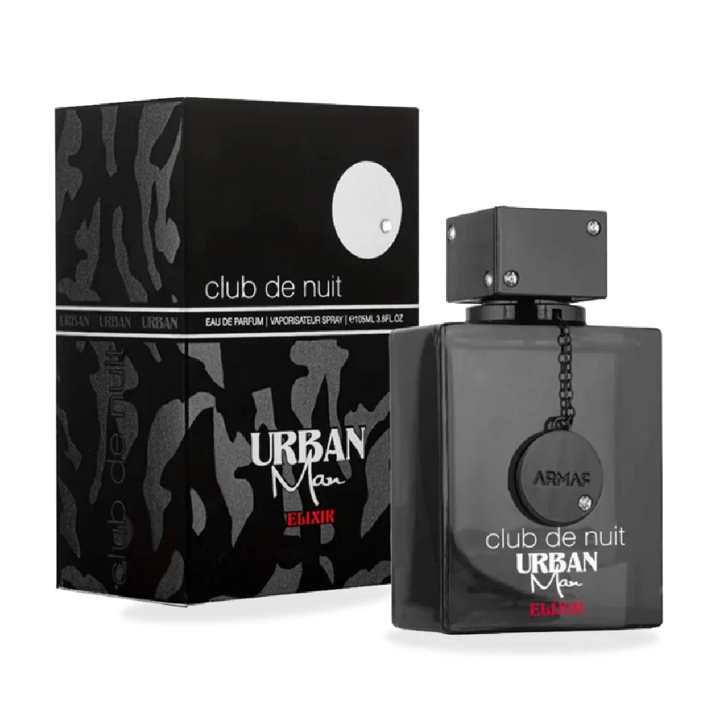 Black perfume bottle and packaging labeled 'Urban Man Club de Nuit' on a white background