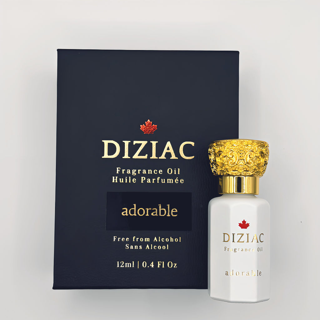 Diziac Adorable perfume oil bottle and box, inspired by Dior J'adore, available at Diziac Fragrance Studio,  Jane Finch Mall, North York.