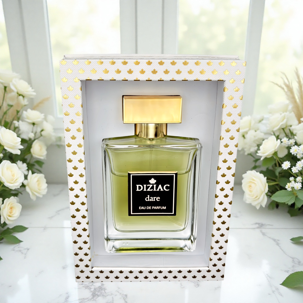 Diziac Dare fragrance bottle in box, inspired by Chanel Chance Eau Fraiche EDP, available at Diziac Fragrance Studio,  Jane Finch Mall, North York.