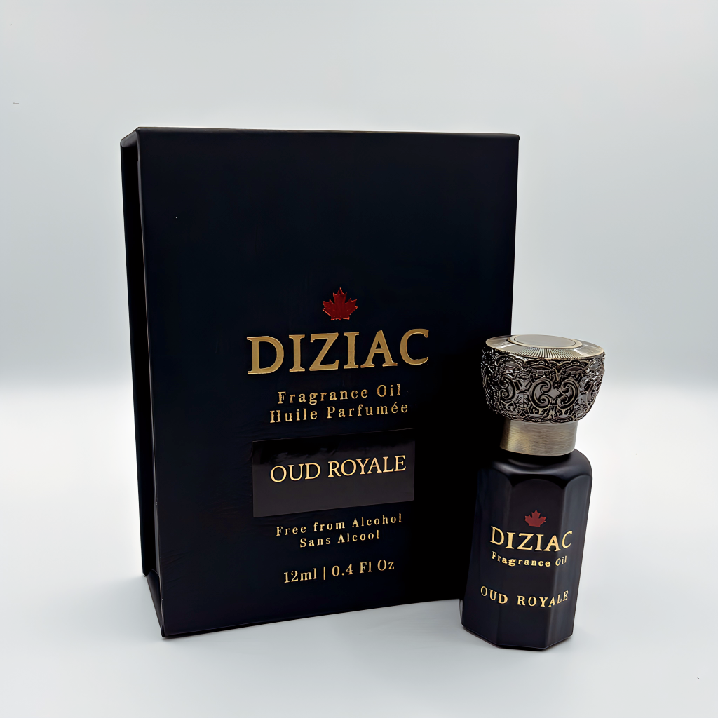 Diziac Oud Royale perfume oil bottle and box, inspired by Tom Ford Oud Wood, available at Jane Finch Mall, North York.