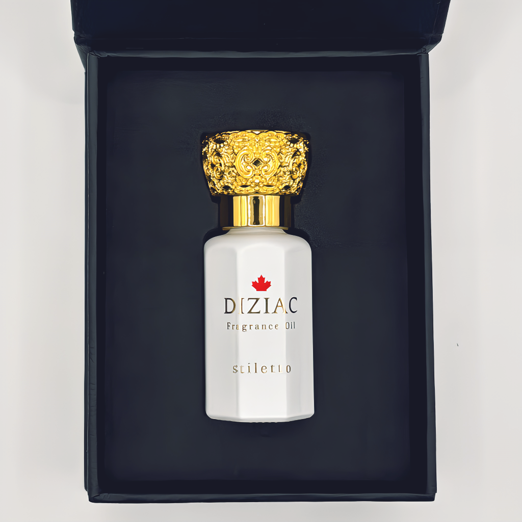 Diziac Stiletto perfume oil bottle, inspired by Carolina Herrera Good Girl Blush, available at Diziac Fragrance Studio,  Jane Finch Mall, North York.