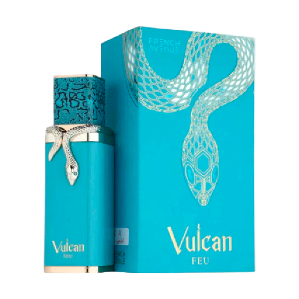French Avenue Vulcan Feu perfume bottle and box, inspired by Stephane Lucas Humbert God of Fire, available at Jane Finch Mall, North York.