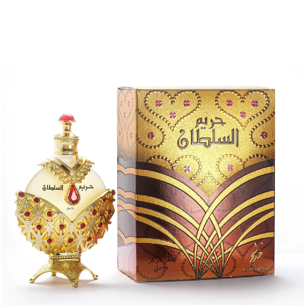 Khadlaj Hareem Al Sultan Gold perfume oil for women perfume bottle and box, available at Diziac Fragrance Studio,  Jane Finch Mall, North York.