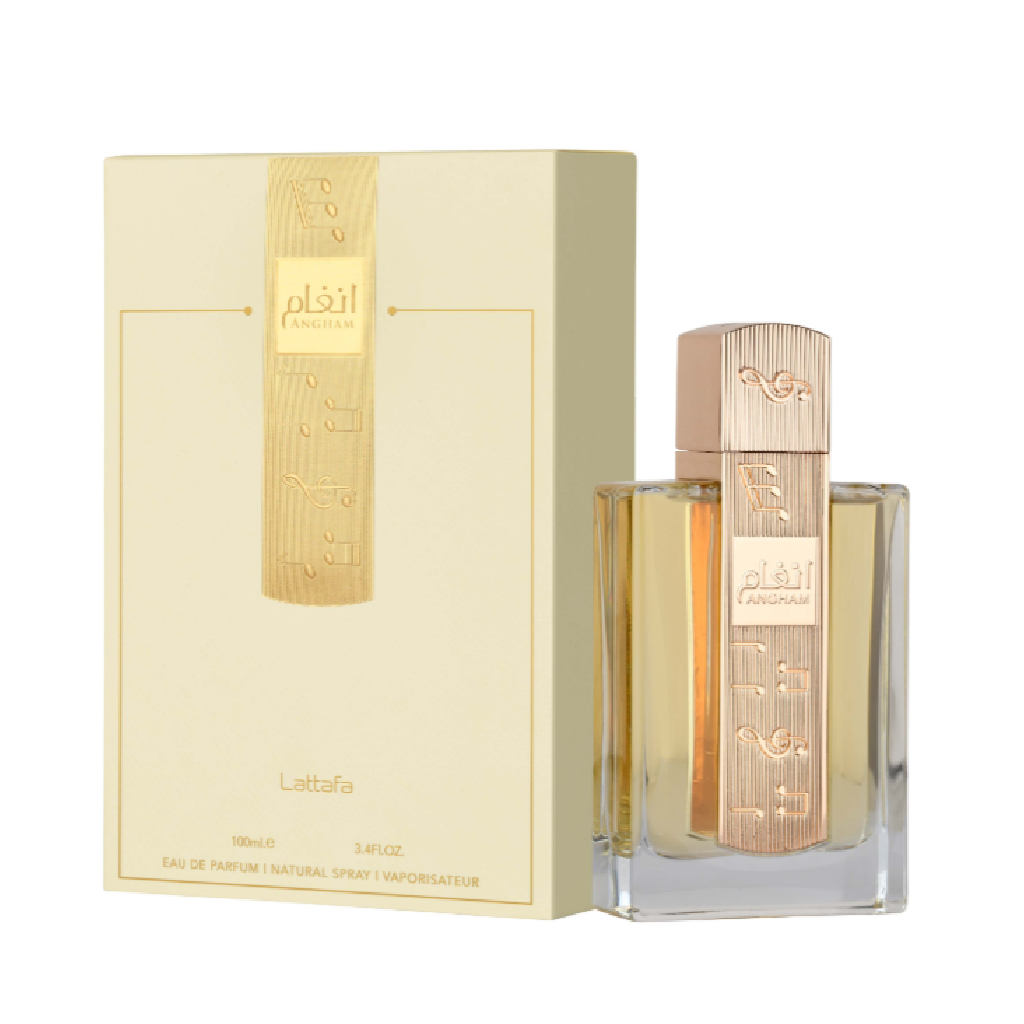 Lattafa Angham for women perfume bottle and box, inspired by Burberry Goddess, available at Diziac Fragrance Studio,  Jane Finch Mall, North York.