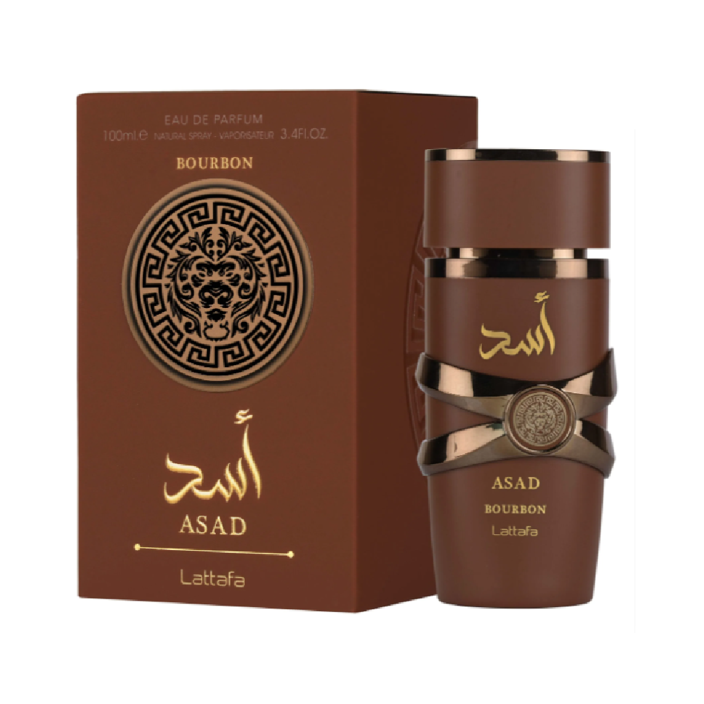 Lattafa Asad Bourbon perfume bottle and box, inspired by Azzaro The Most Wanted, available at Diziac Fragrance Studio,  Jane Finch Mall, North York.