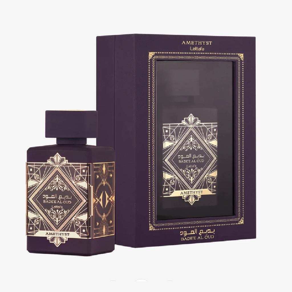Lattafa Bade'e Al Oud Amethyst perfume bottle and box, available at Diziac Fragrance Studio,  Jane Finch Mall, North York.