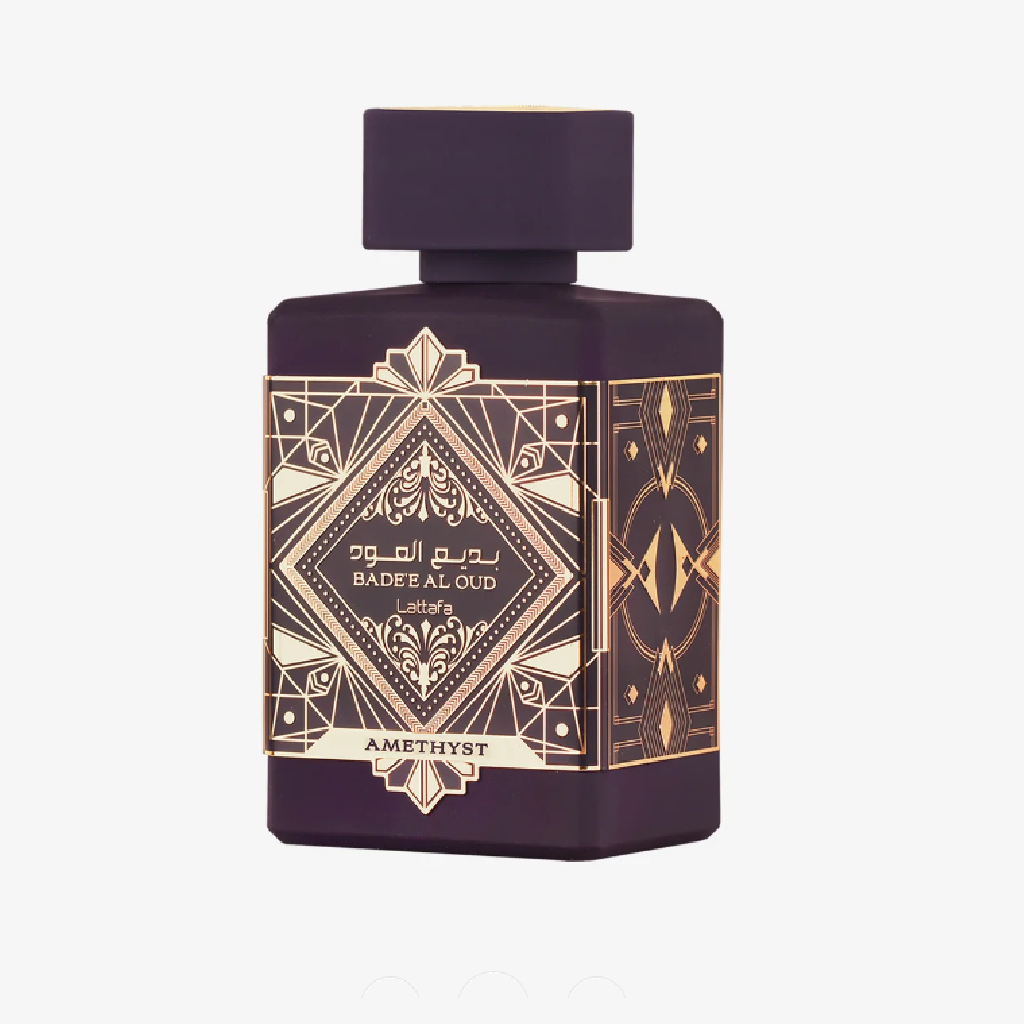 Lattafa Bade'e Al Oud Amethyst perfume bottle, available at Diziac Fragrance Studio,  Jane Finch Mall, North York.