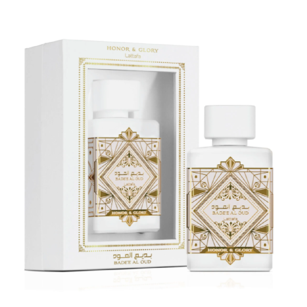 Lattafa Bade'e Al Oud Honor and  Glory perfume bottle and box, available at Diziac Fragrance Studio,  Jane Finch Mall, North York.