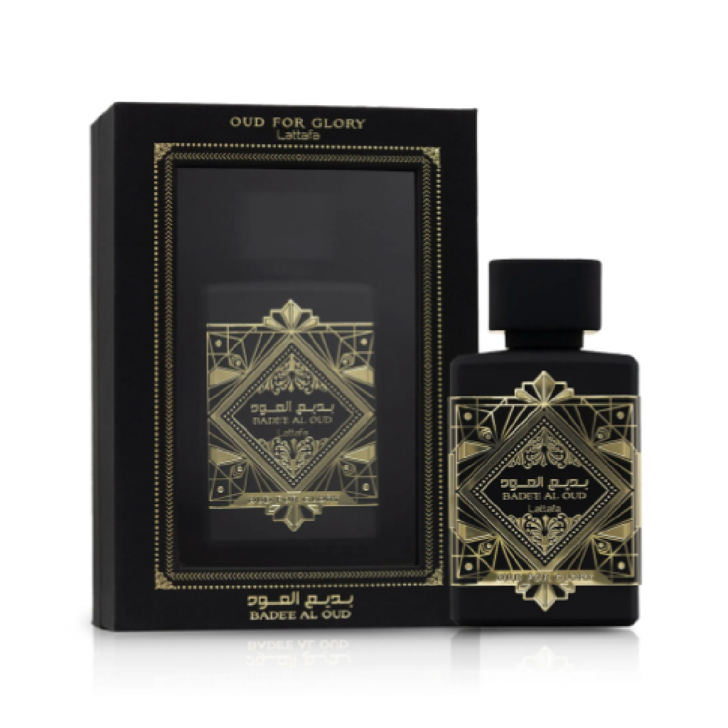 Lattafa Bade'e Al Oud for Glory perfume bottle and box, inspired by Initio Oud for Greatness, available at Diziac Fragrance Studio,  Jane Finch Mall, North York.