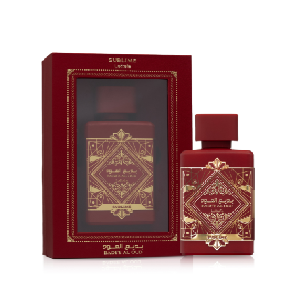 Lattafa Bade'e Al Oud Sublime perfume bottle and box, inspired by Kayali Eden Juicy Apple | 01, available at Diziac Fragrance Studio,  Jane Finch Mall, North York.