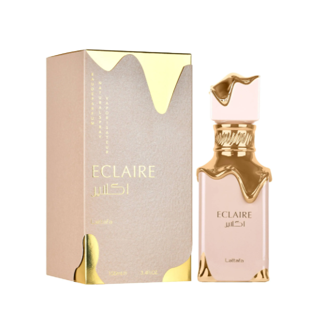 Lattafa Eclaire for women perfume bottle and box, inspired by Bianco Latte, available at Diziac Fragrance Studio,  Jane Finch Mall, North York.