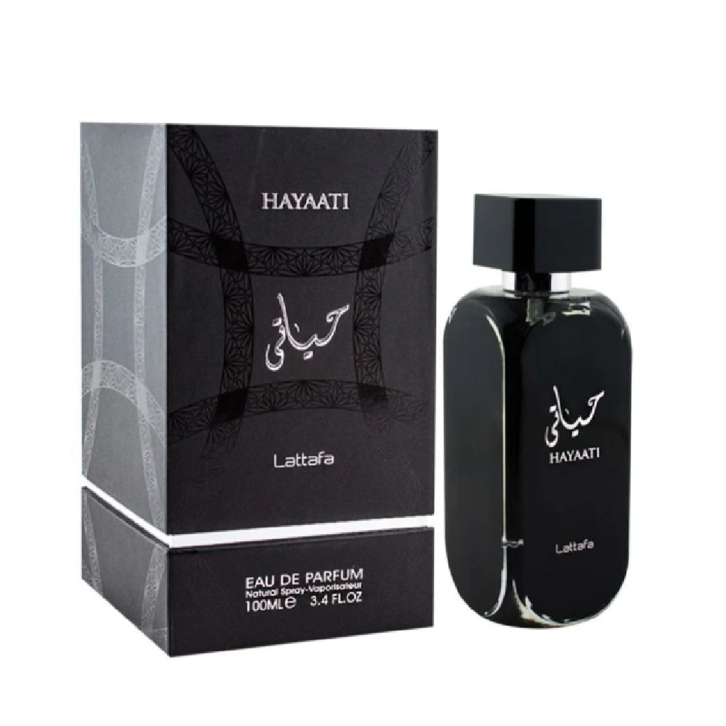 Lattafa Hayaati Black for men perfume bottle and box, available at Diziac Fragrance Studio,  Jane Finch Mall, North York.