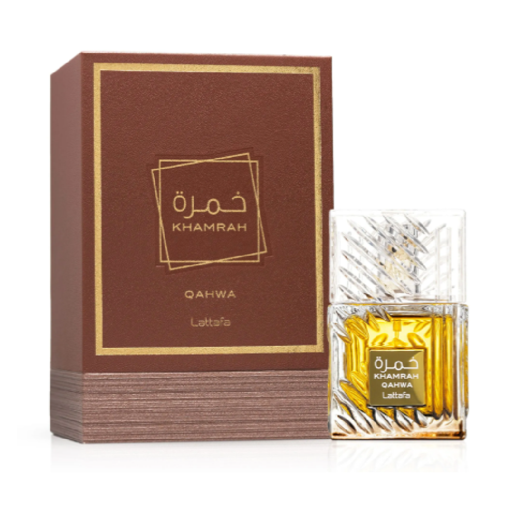 Lattafa Khamrah Qahwa perfume bottle and box, available at Diziac Fragrance Studio,  Jane Finch Mall, North York.