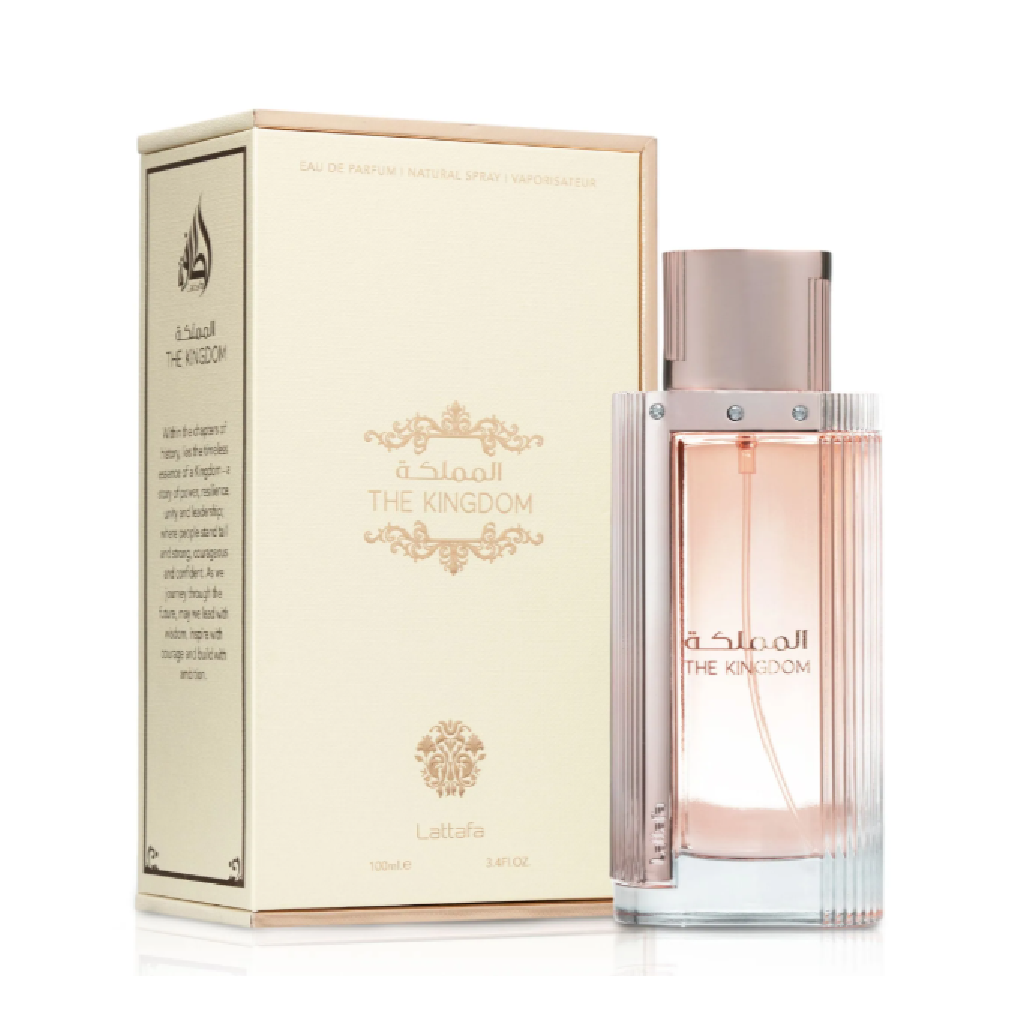 Lattafa The Kingdom for women perfume bottle and box, available at Diziac Fragrance Studio,  Jane Finch Mall, North York.