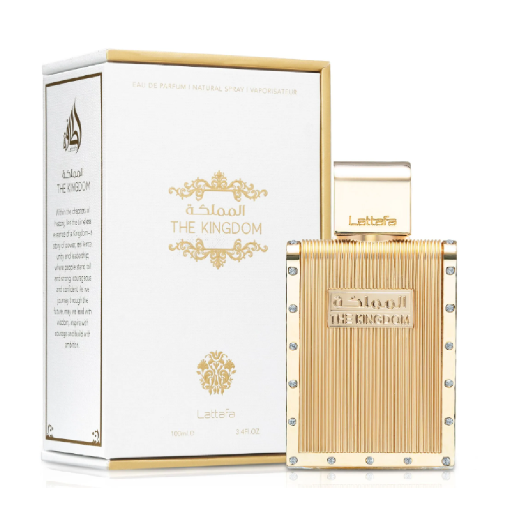 Lattafa The Kingdom for men perfume bottle and box, inspired by Jean Paul Gaultier Le Male Elixir, available at Diziac Fragrance Studio,  Jane Finch Mall, North York.