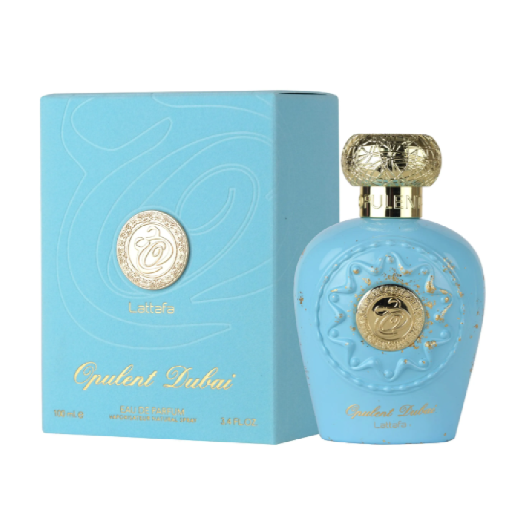 Lattafa Opulent Dubai perfume bottle and box, inspired by God of Fire, available at Diziac Fragrance Studio,  Jane Finch Mall, North York.