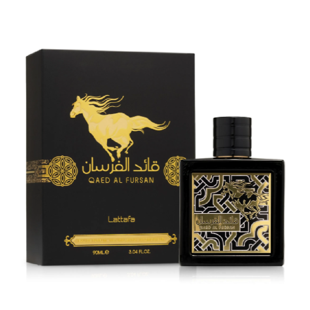 Lattafa Qaed Al Fursan for men perfume bottle and box, available at Diziac Fragrance Studio,  Jane Finch Mall, North York.