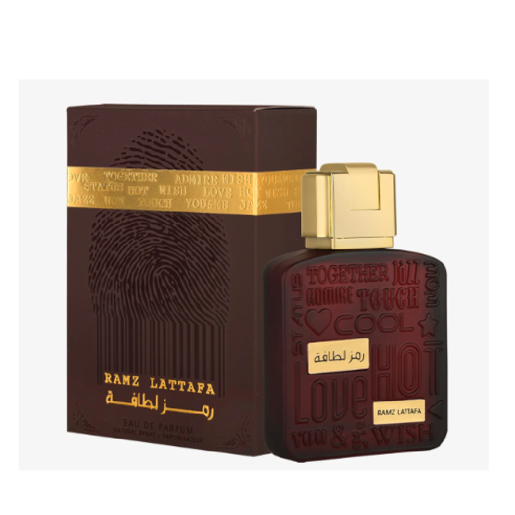 Lattafa Ramz Gold perfume bottle and box, available at Diziac Fragrance Studio,  Jane Finch Mall, North York.