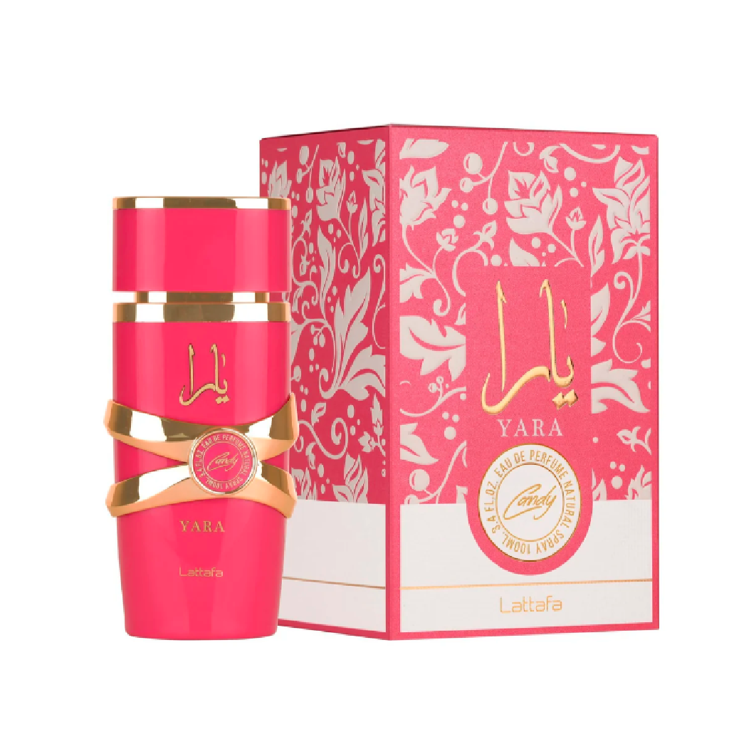 Lattafa Yara Candy perfume for women bottle and box, available at Diziac Fragrance Studio,  Jane Finch Mall, North York.