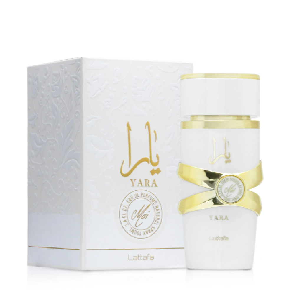 Lattafa Yara Moi for women perfume bottle and box, available at Diziac Fragrance Studio,  Jane Finch Mall, North York.