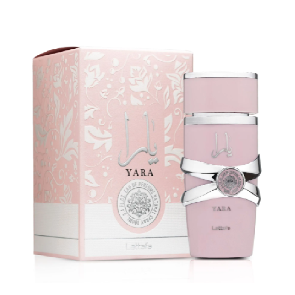Lattafa Yara Pink for women perfume bottle and box, available at Diziac Fragrance Studio,  Jane Finch Mall, North York.