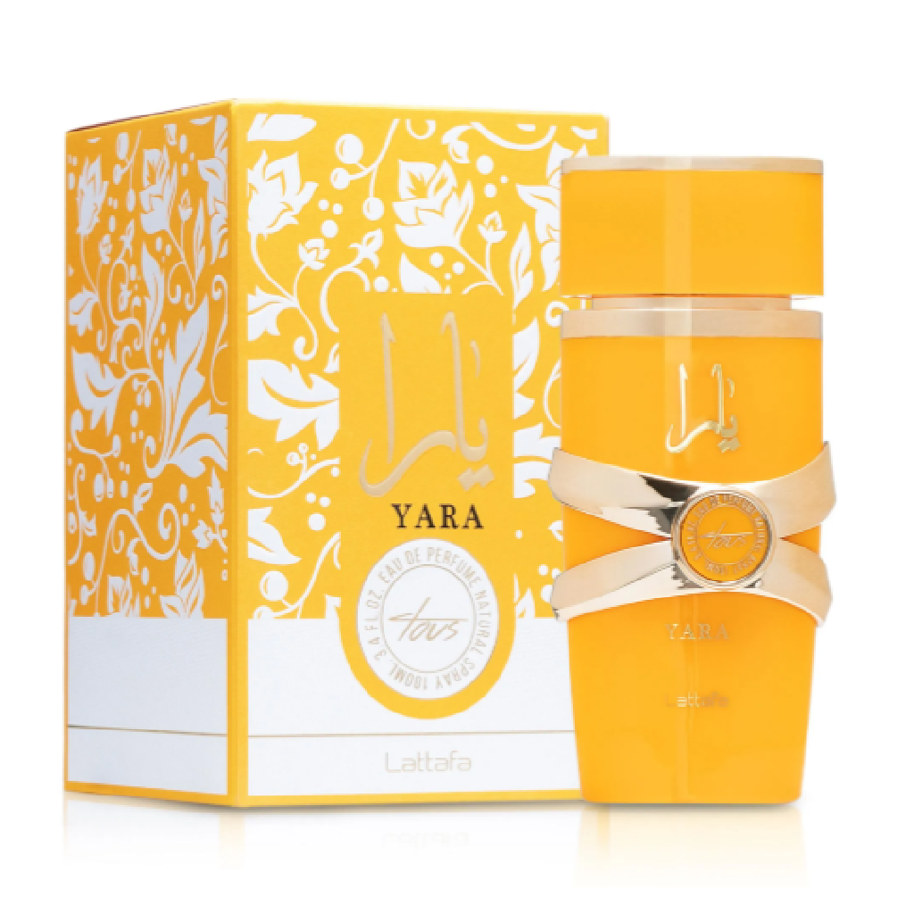 Lattafa Yara Tous for women perfume bottle and box, available at Diziac Fragrance Studio,  Jane Finch Mall, North York.