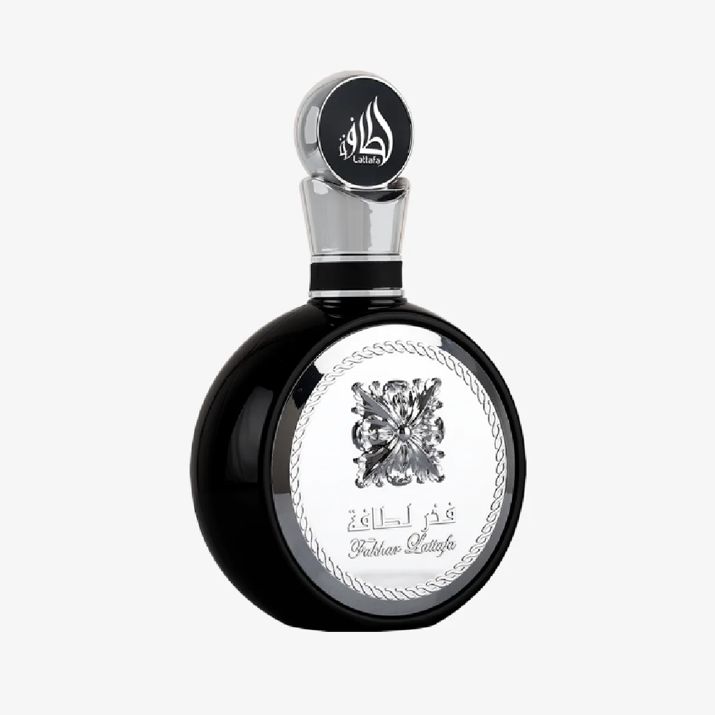 Lattafa Fakhar Black Perfume bottle with silver cap on a white background