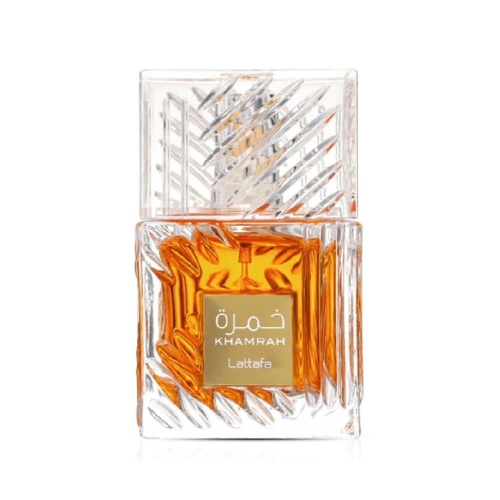 Lattafa Khamrah perfume bottle with orange liquid and clear glass