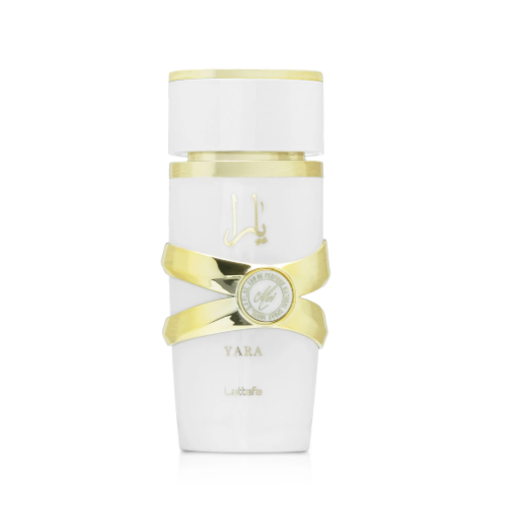 White and gold perfume bottle with 'Yara Moi' branding on a white background