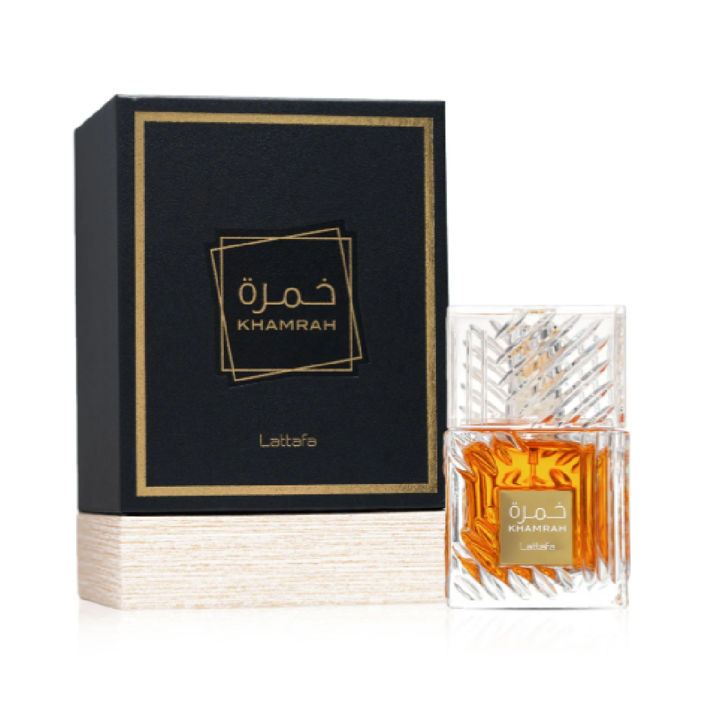Lattafa Khamrah perfume bottle and packaging box on a white background