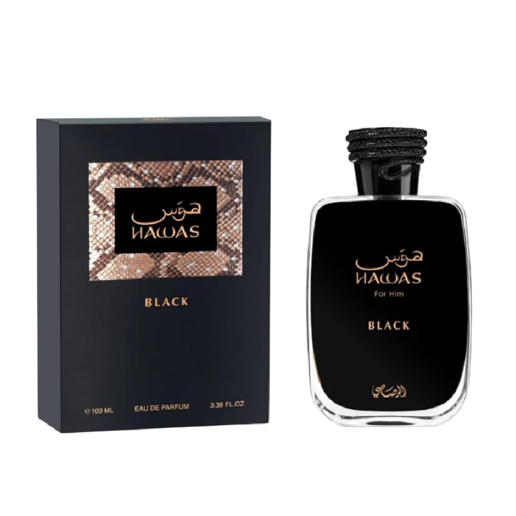 Rasasi Hawas Black perfume bottle and box, available at Diziac Fragrance Studio,  Jane Finch Mall, North York.
