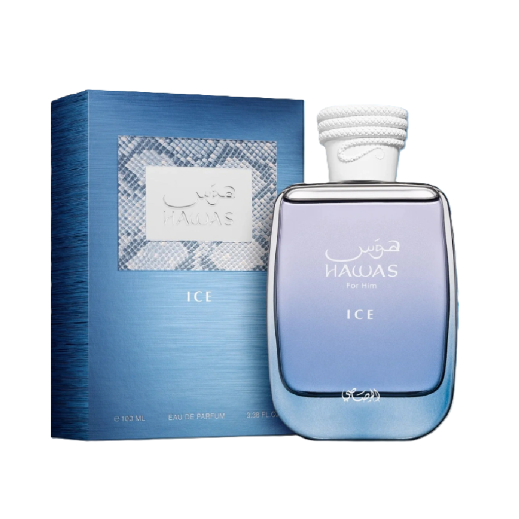 Rasasi Hawas Ice perfume bottle and box, inspired by Paco Rabanne Invictus, available at Diziac Fragrance Studio,  Jane Finch Mall, North York.
