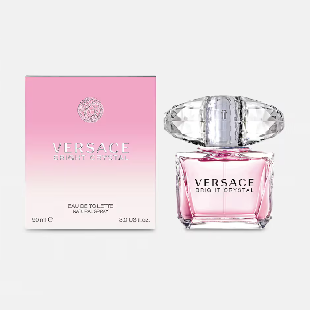 Versace Bright Crystal perfume bottle and packaging on a white background